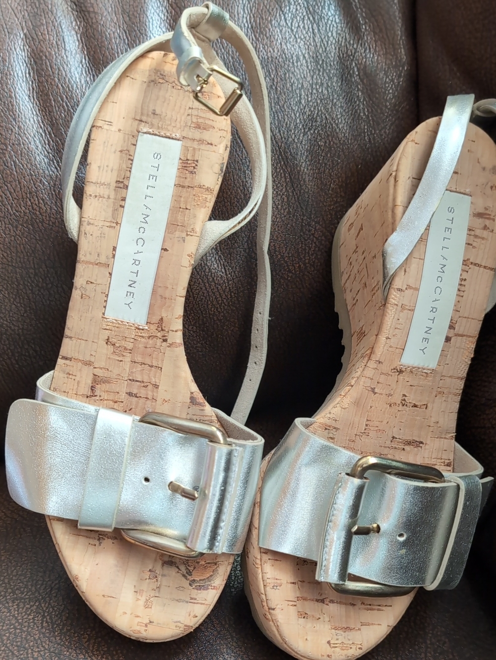 Stella McCartney Metallic Silver Cork Wedge Sandals with Buckle